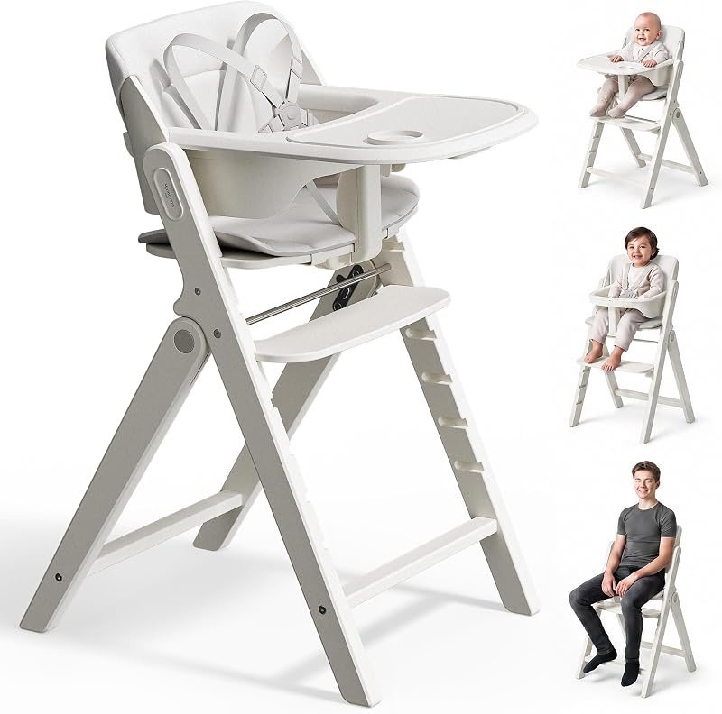 Mamazing GrowPod Pro Wooden Baby High Chair for 6 Months to 220lbs | Easy to Clean with Dual Tray, Compact Foldable Highchair for Kitchen & Dining Room, 5-Point Safety Harnesses and Guard Bar