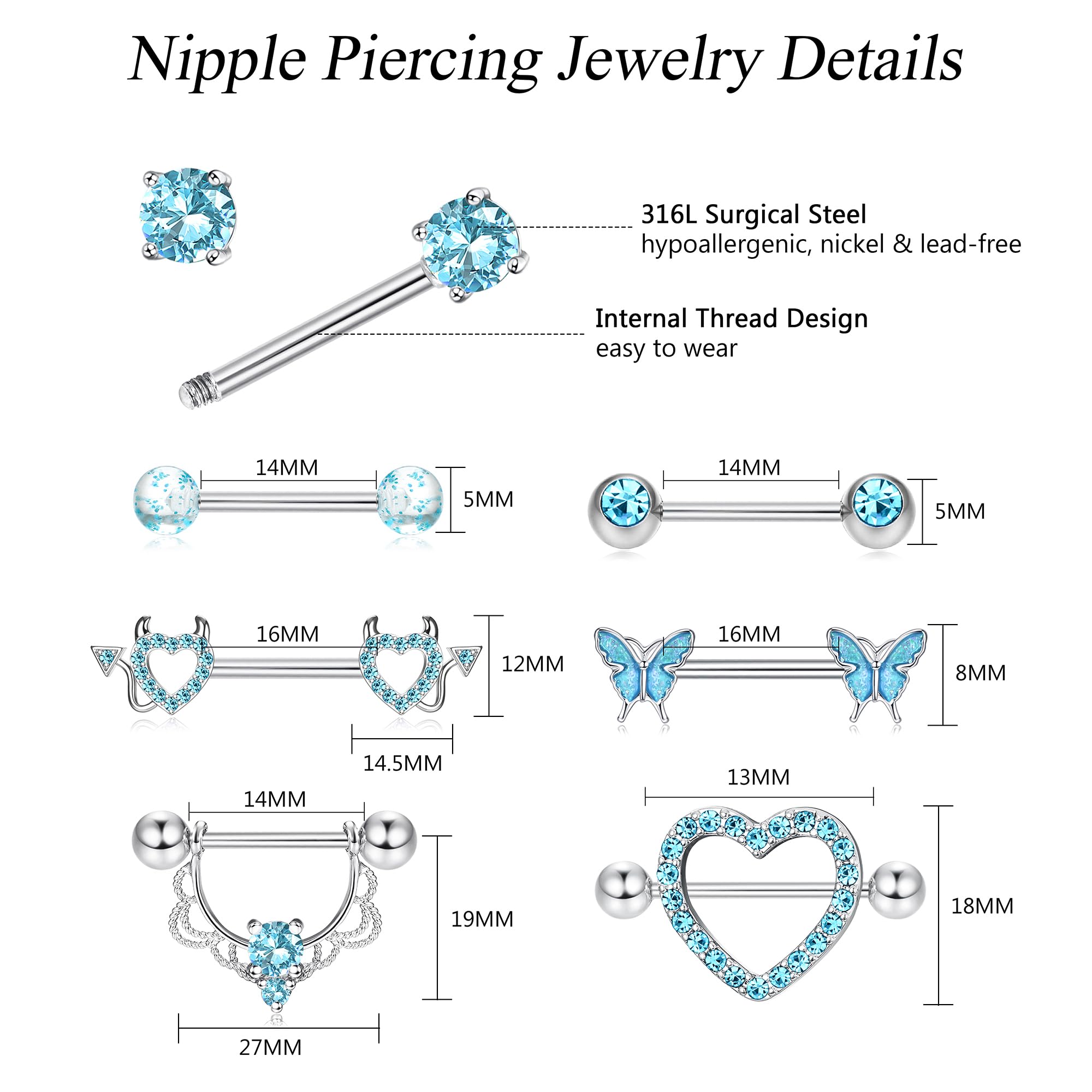 Fansilver 7 Pairs 14G Nipple Rings Surgical Steel Nipple Piercing CZ Heart Butterfly Barbell Tongue Rings Set Cute Nipple Tongue Piercing Jewelry for Women: B. Blue Nipple Piercing