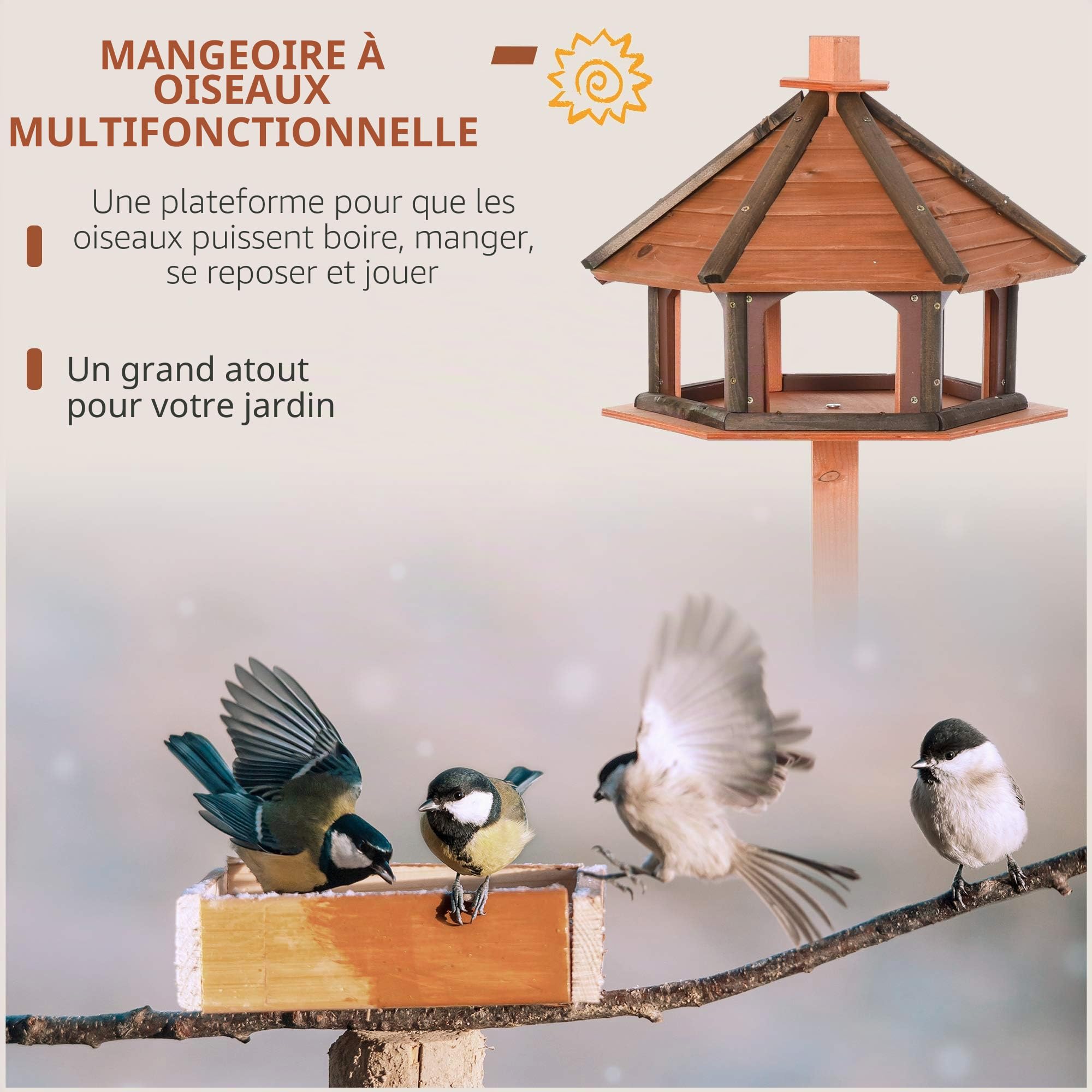 PawHut Table Oiseaux Bois Alimentation perchoir Toit 130Hcm Marron