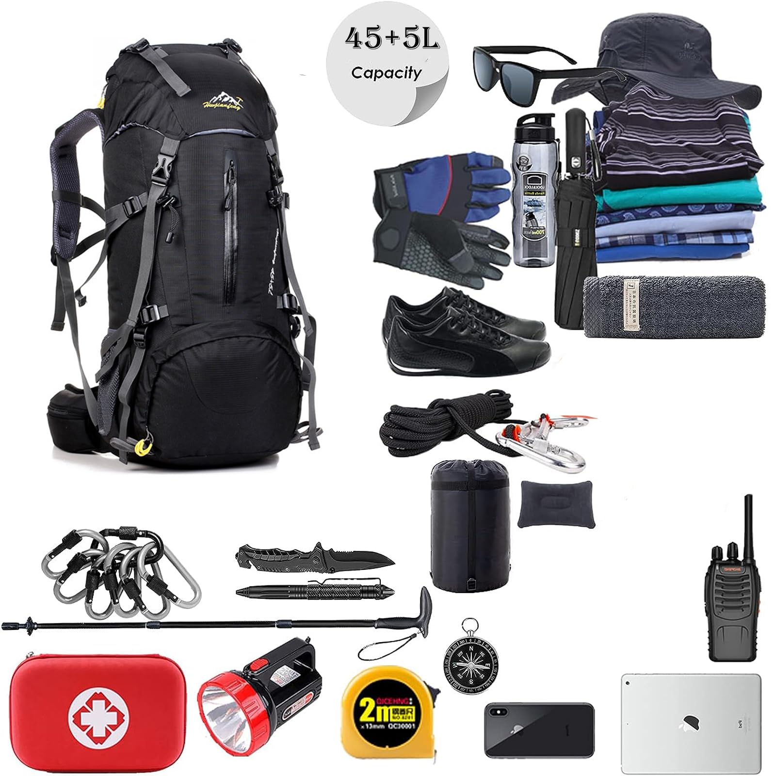 50 l Wanderrucksack, wasserdicht, leicht, mit Regenschutz, Outdoor-Sport, Reisen, Tagesrucksack für Männer und Frauen, Klettern, Camping, Touren, Schwarz