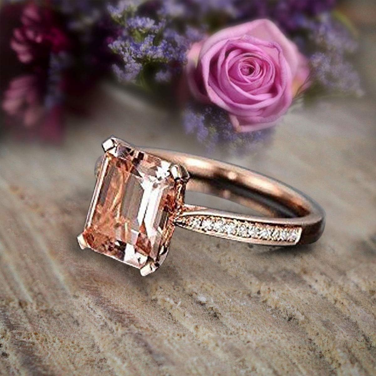 1.25 Carat Peach Pink Morganite (emerald cut Morganite) and Diamond Engagement Ring in 10k Rose Gold