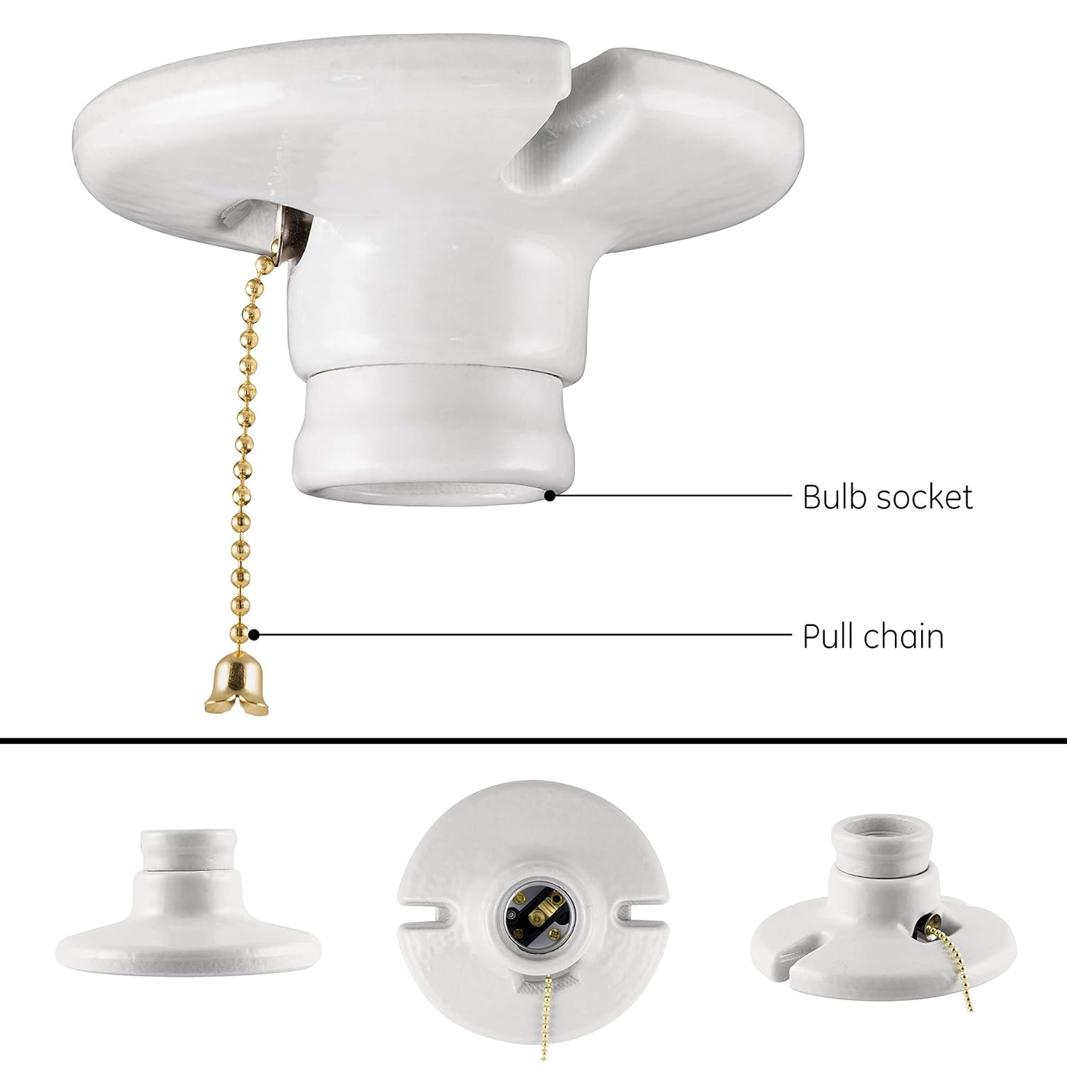UltraPro Porcelain Lampholder with Pull Chain, 2 Pack, Medium Base, Indoor Lighting, Mount on 3-1/4” or 4” Box, 250VAC/660W, UL Listed, White, 54599