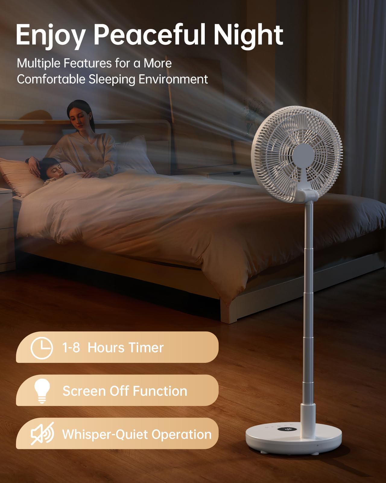 Ventilador oscilante portátil silencioso con control remoto, ventiladores de pedestal recargables de 12 pulgadas para dormitorio y oficina, ventiladores de viaje plegables a batería, altura 5
