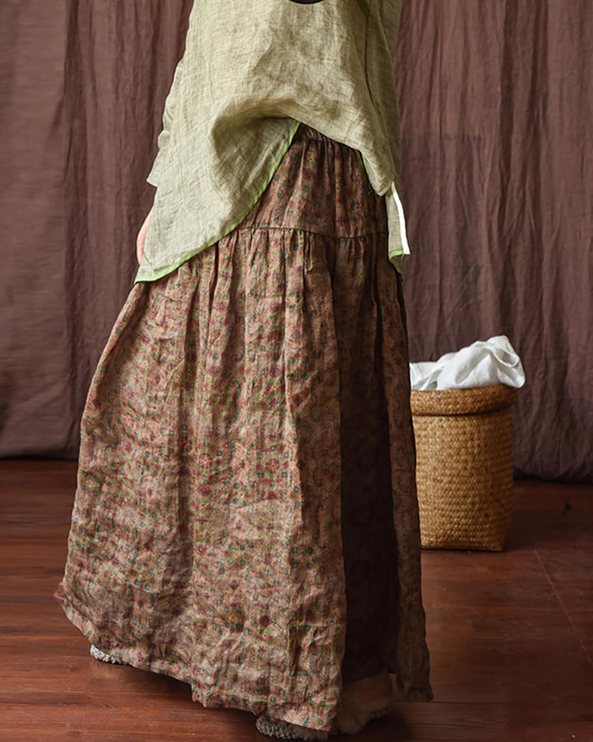 Women's Ramie Flowy Skirt Midi Length Elastic High Waist Double Layered A-Line Boho Skirt with Pockets