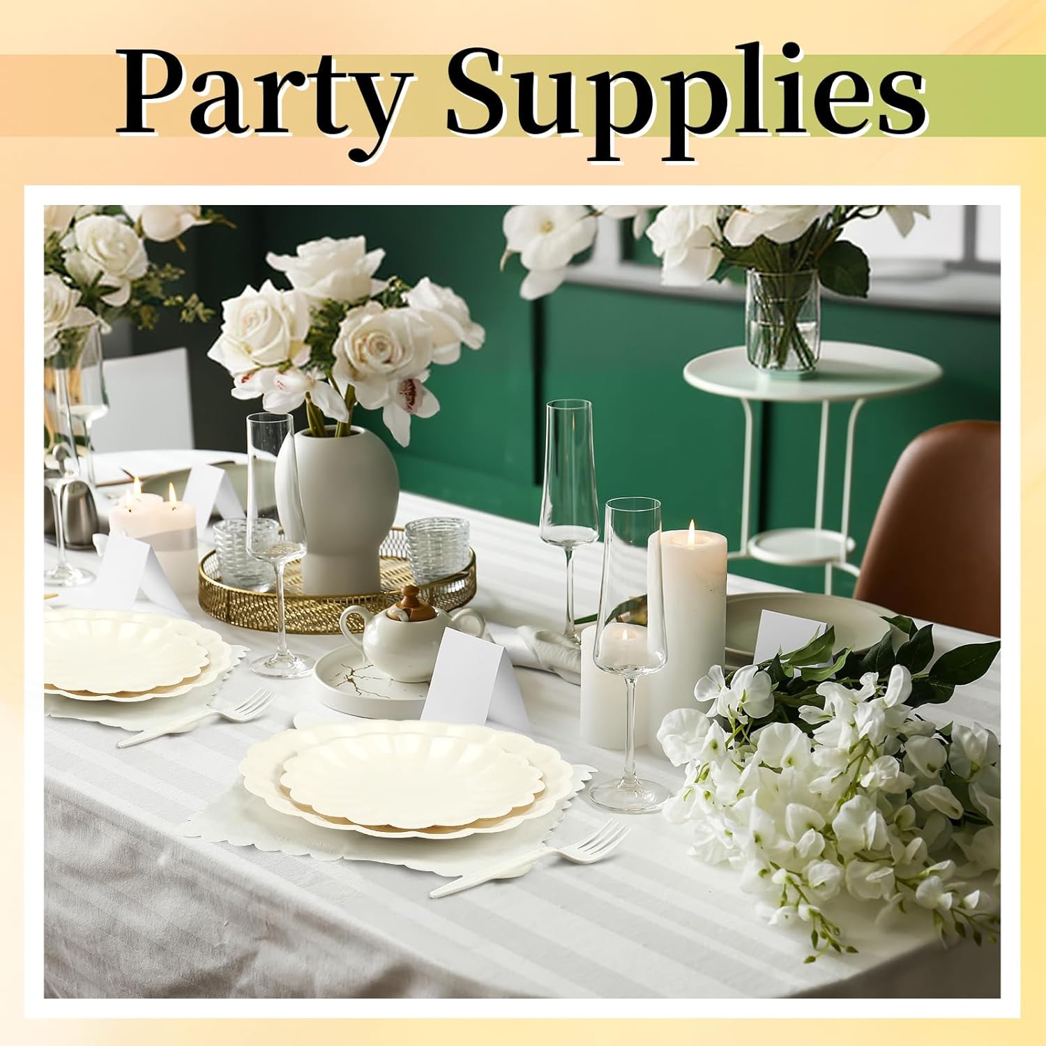 Newtay 200 Pcs Cream Scalloped Paper Plates and Napkins, Disposable Party Supplies Tableware Set 100 Shell Edge Plates, 50 Napkins and 50 Forks for Wedding, Birthday, Bridal Shower, Baby Shower Guests