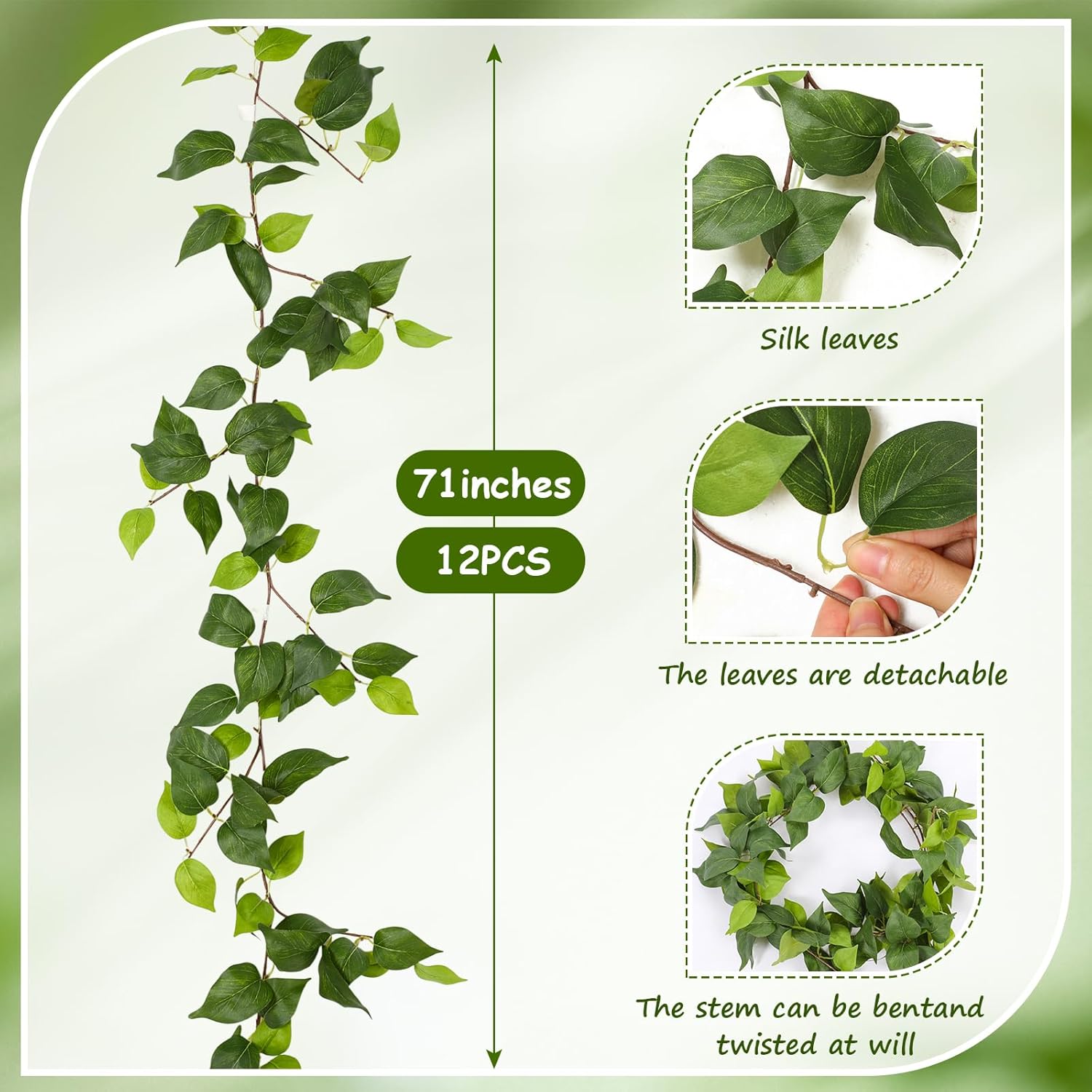 Giegxin 12 Pack 852ft Realistic Artificial Vines, 71"/pcs Faux Silk Eucalyptus Garland with Green Leaves, High Lifelike Ivy Hanging Plants for Wall Decor, Bedroom, Wedding, Party, Garden Decoration - Image 2