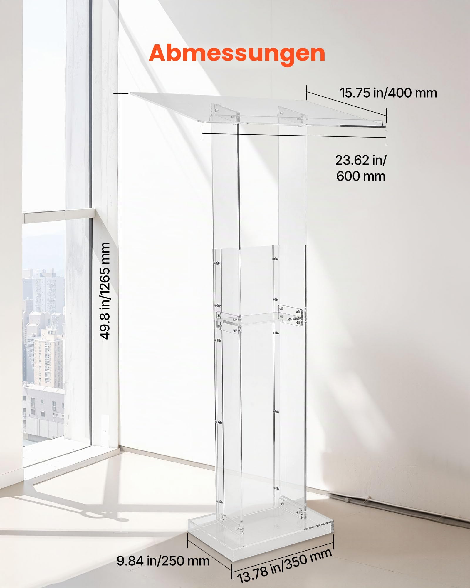 VEVOR Podiumständer Rednerpult (1265 mm) aus Acryl, tragbarer Laptop-Schreibtisch mit breiter Lesefläche & Ablagefläche & Buchstopper, bodenstehend, für Klassenzimmer Hochzeiten Konferenzen