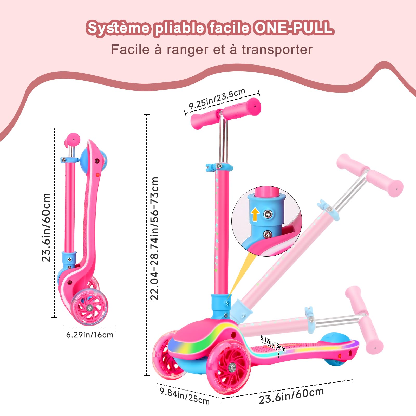 Trotinette Enfant 3 Roues de 2 à 10 Ans, Trottinette avec Siège 2 en 1, Trottinette Pliable avec Guidon Réglage en Hauteur et Roues LED, Scooter Antidérapant pour Filles et Garçons