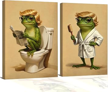 Funny Frog Bathroom Wall Art Wacky & Humorous Green Frog Decor 16x12 Inch