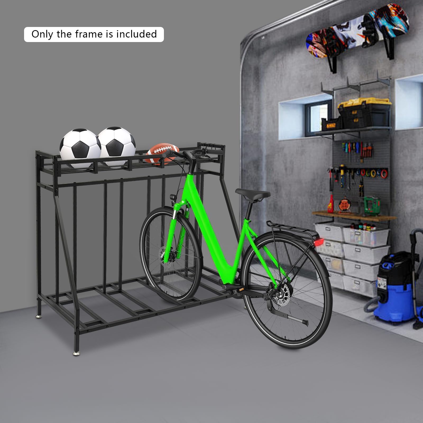 Fahrradständer Boden für 4 Fahrräder, mit Aufbewahrungskorb und 4 Haken, stabiler Metallrahmen, rostfrei und langlebig, platzsparendes Design, 100 kg Tragkraft, für Garage, Keller und Garten