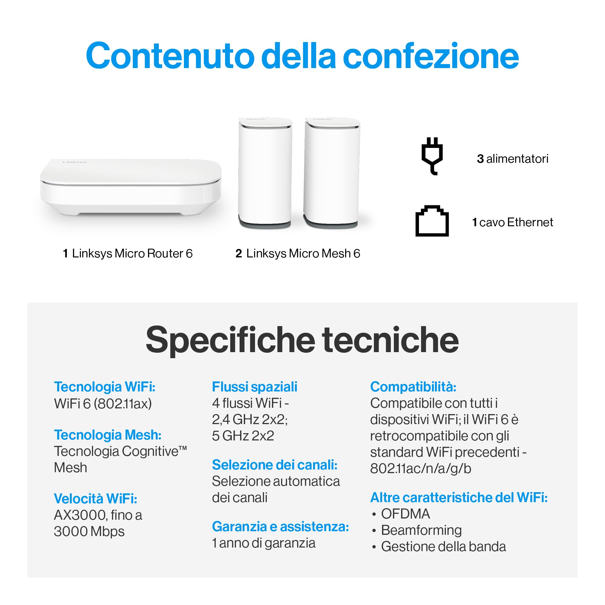 Linksys Velop Micro WiFi 6 mesh dual-band, Router WiFi 6, Velocità max 3 Gbps, portata 465 m2, per oltre 150 dispositivi, Sostituisce extender e router, confezione da 3
