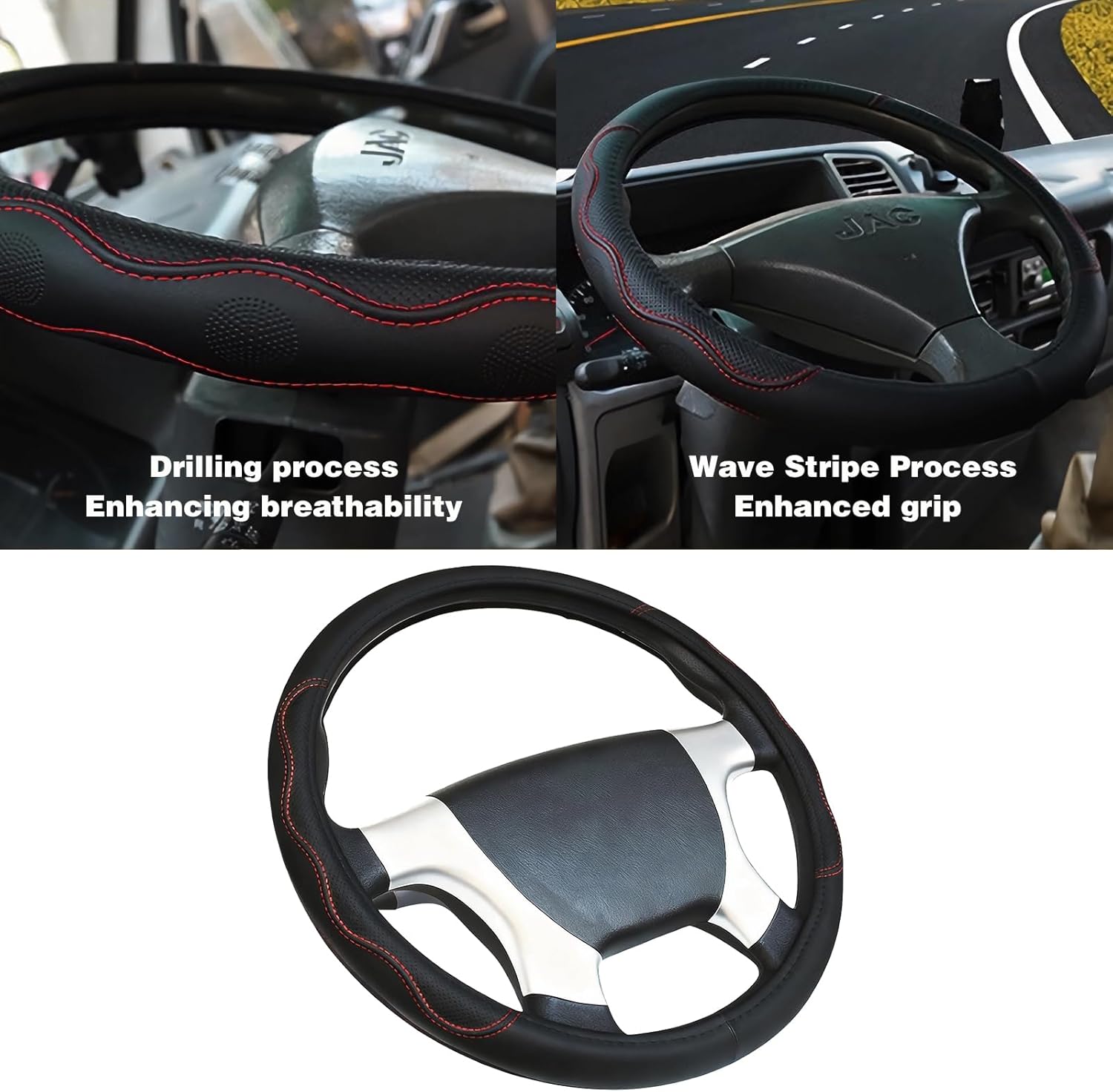 18-Inch Black Leather Truck Steering Wheel Cover - Anti-Slip Grip & Breathable XL Design for Semi Trucks, RVs, Big Rigs, and 18 Wheelers (Fits 17.5-18 inches) (Red Stitching) - Image 2