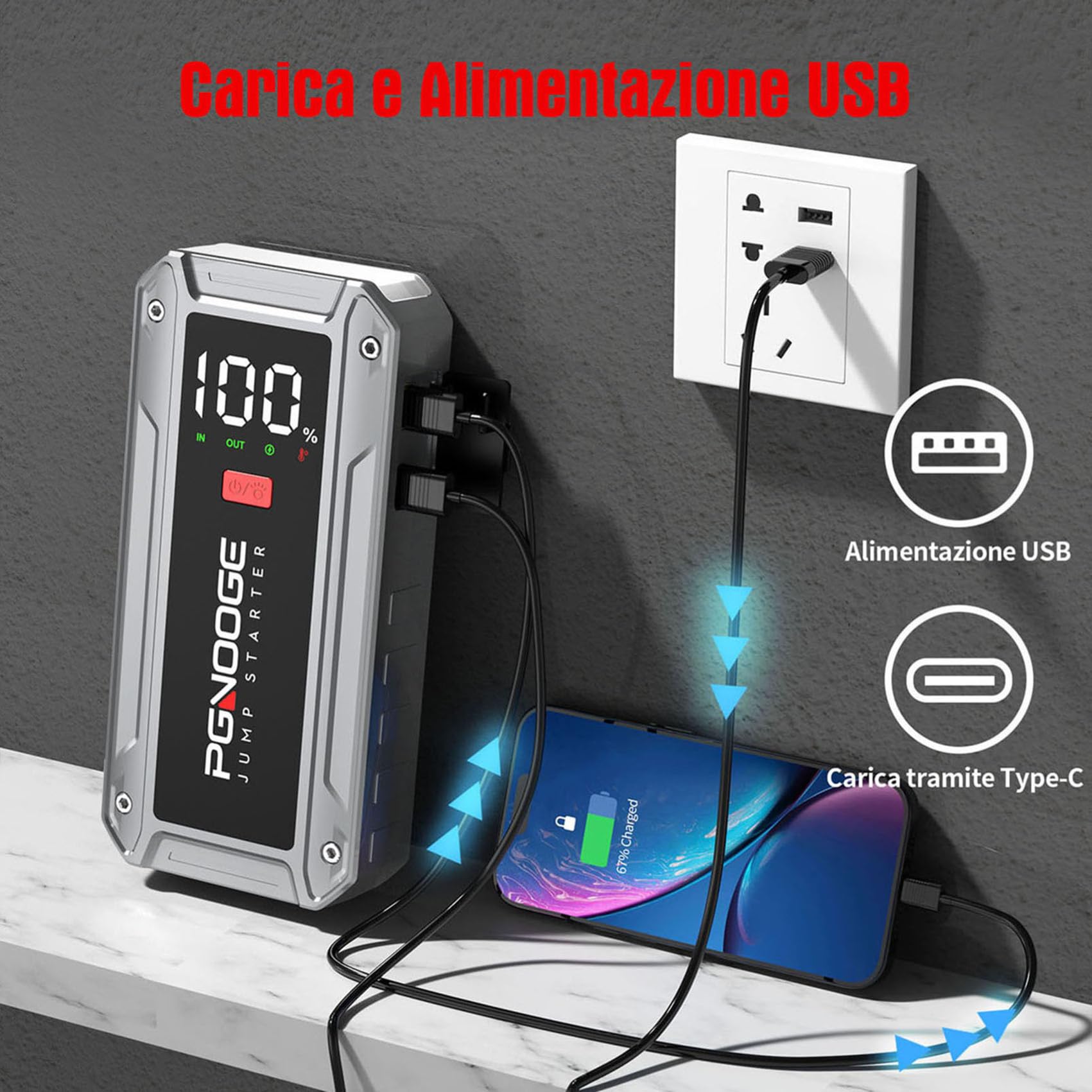 Avviatore Batteria Auto 26800mAh 6000A (Fino a ALL Gas/10 L Diesel), 12V Starter Batteria Auto Con Pulsante Di Avvio Forzato E Uscita USB, Ampio Display Lcd, Luce Da 600 Lumen
