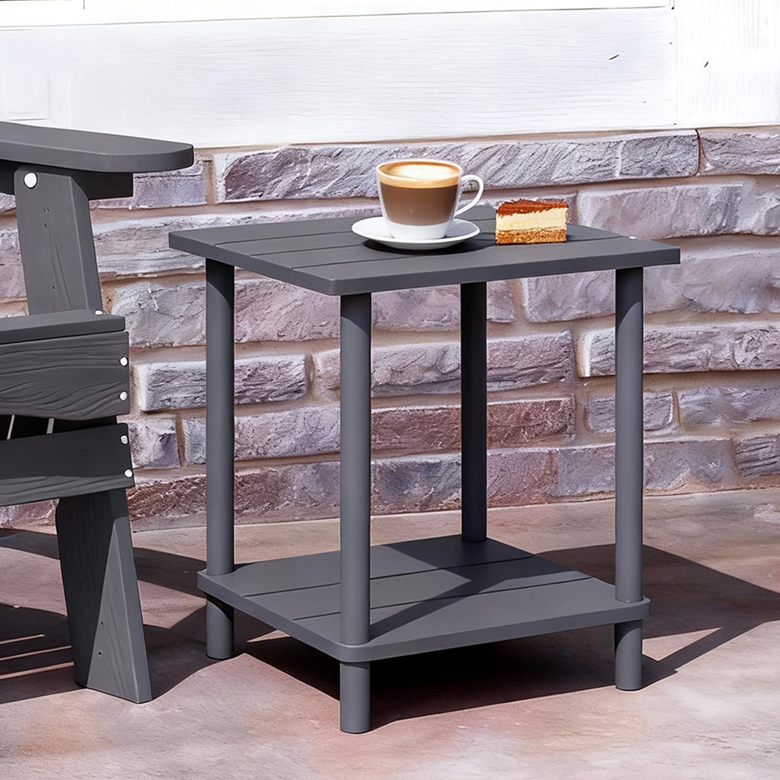 Momleix Small Grey Outdoor Side Table, 2-Tier Weather Resistant Patio End Table, Modern Rectangle Bamboo Coffee Table for Balcony, Garden, Terrace and Living Room, Easy Assembly