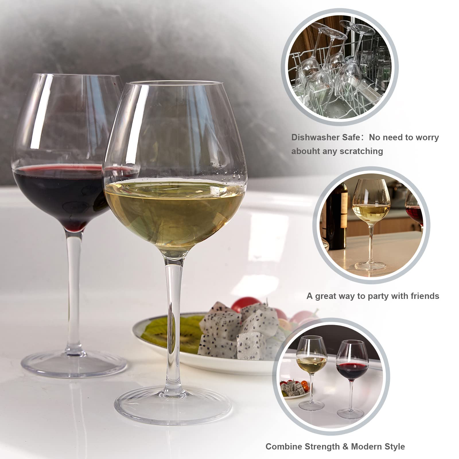 MICHLEY Lot de 6 verres à vin rouge incassables en plastique Tritan réutilisables pour l'intérieur et l'extérieur 500 ml