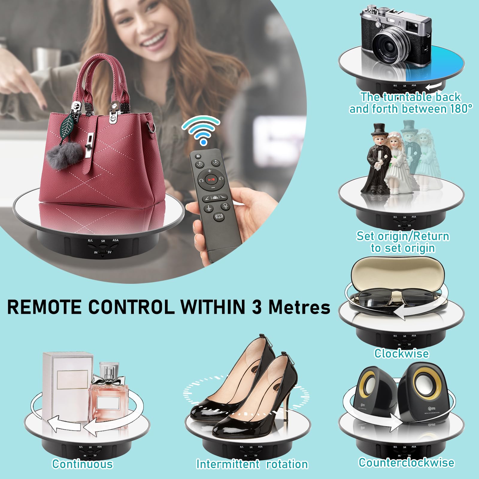 Leadleds Electric Rotating Turntable, 7.87inch /10lbs Load, Remote Control - Image 2
