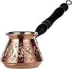DEMMEX Thickest Copper Turkish Greek Arabic Coffee Pot, Stovetop Coffee Maker, Cezve Ibrik Briki with Wooden Handle & Spoon, Hand Engraved