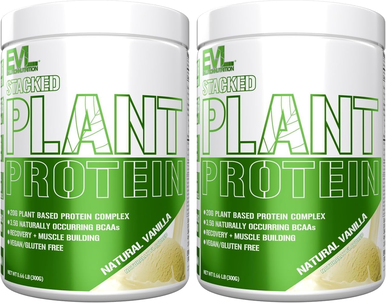 Evlution Nutrition Stacked Plant Protein Powder, Vegan, Non-GMO, Gluten-Free, Probiotics, BCAAs, Fiber, Plant-Based Protein Complex, 300G (Natural Vanilla)