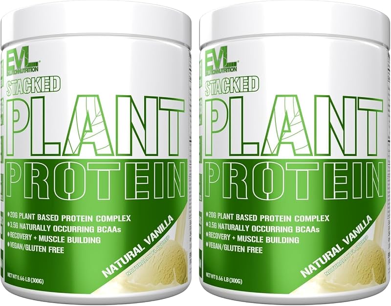 Evlution Nutrition Stacked Plant Protein Powder, Vegan, Non-GMO, Gluten-Free, Probiotics, BCAAs, Fiber, Plant-Based Protein Complex, 300G (Natural Vanilla) (Pack of 2)