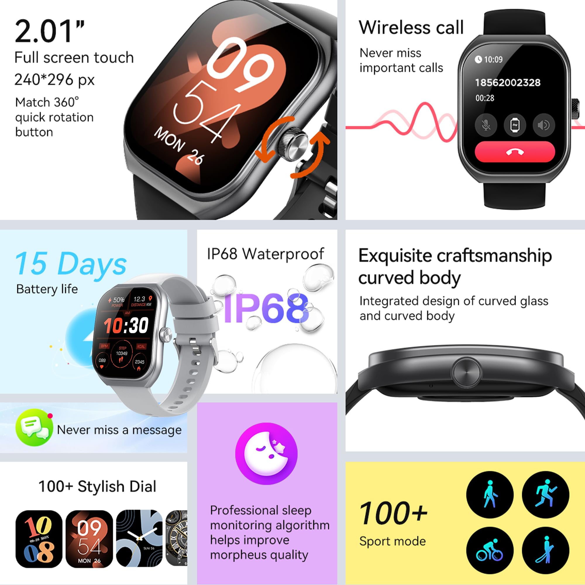 Reloj Inteligente Mujer con Llamadas, 2,01 Pulgada Smartwatch Hombre Deportivo con Podometro Pulsometro SpO2 Sueño Presion Arterial Actividad IP68 Reloj Digital para iOS Android (Negro)