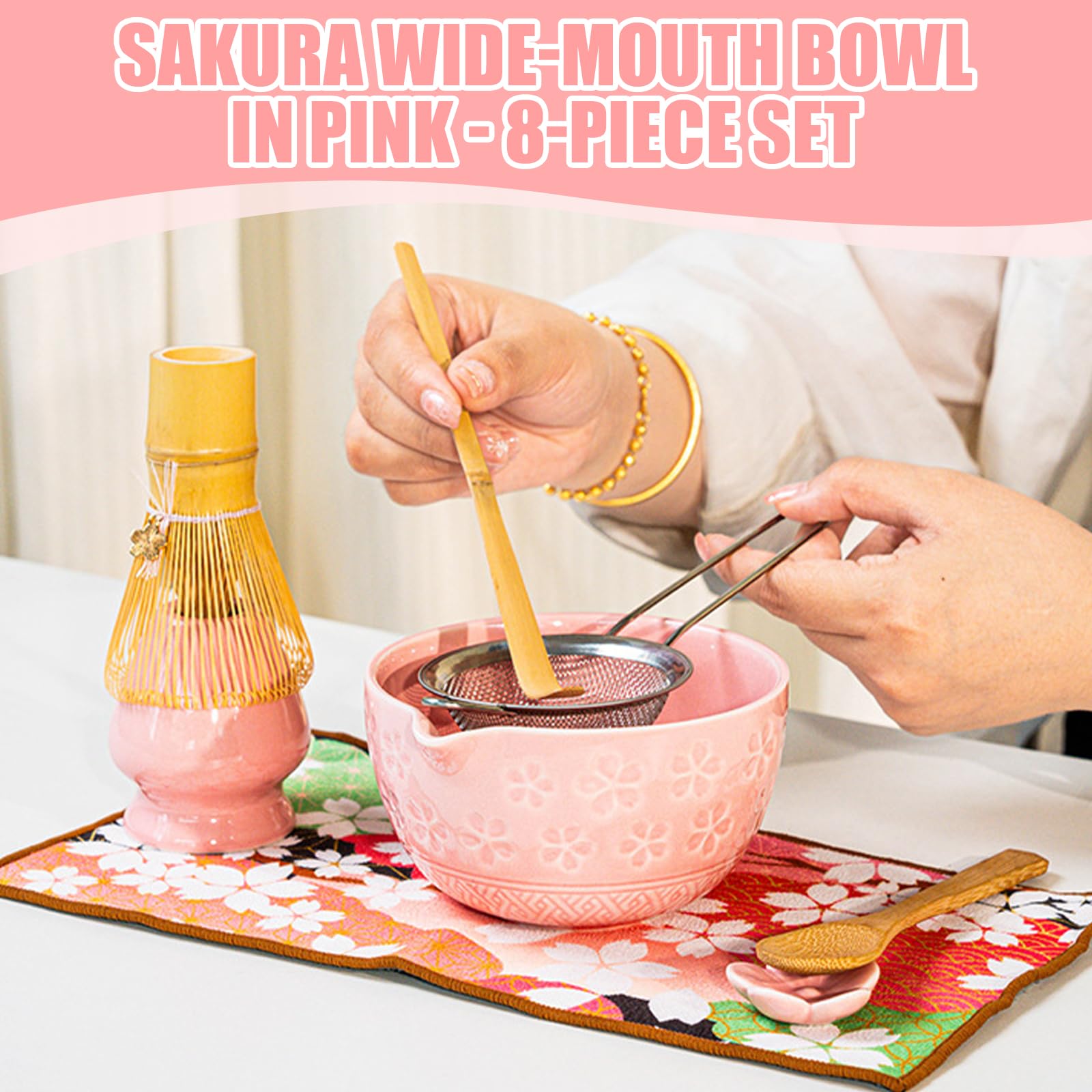 Zestaw 8 sztuk matchy: różowy zestaw matcha z bambusową matchą, sitkiem filtrującym, miską do matchy z wylewką, łyżeczką i podkładką na ręczniki, zestaw do herbaty matcha dla miłośników matchy