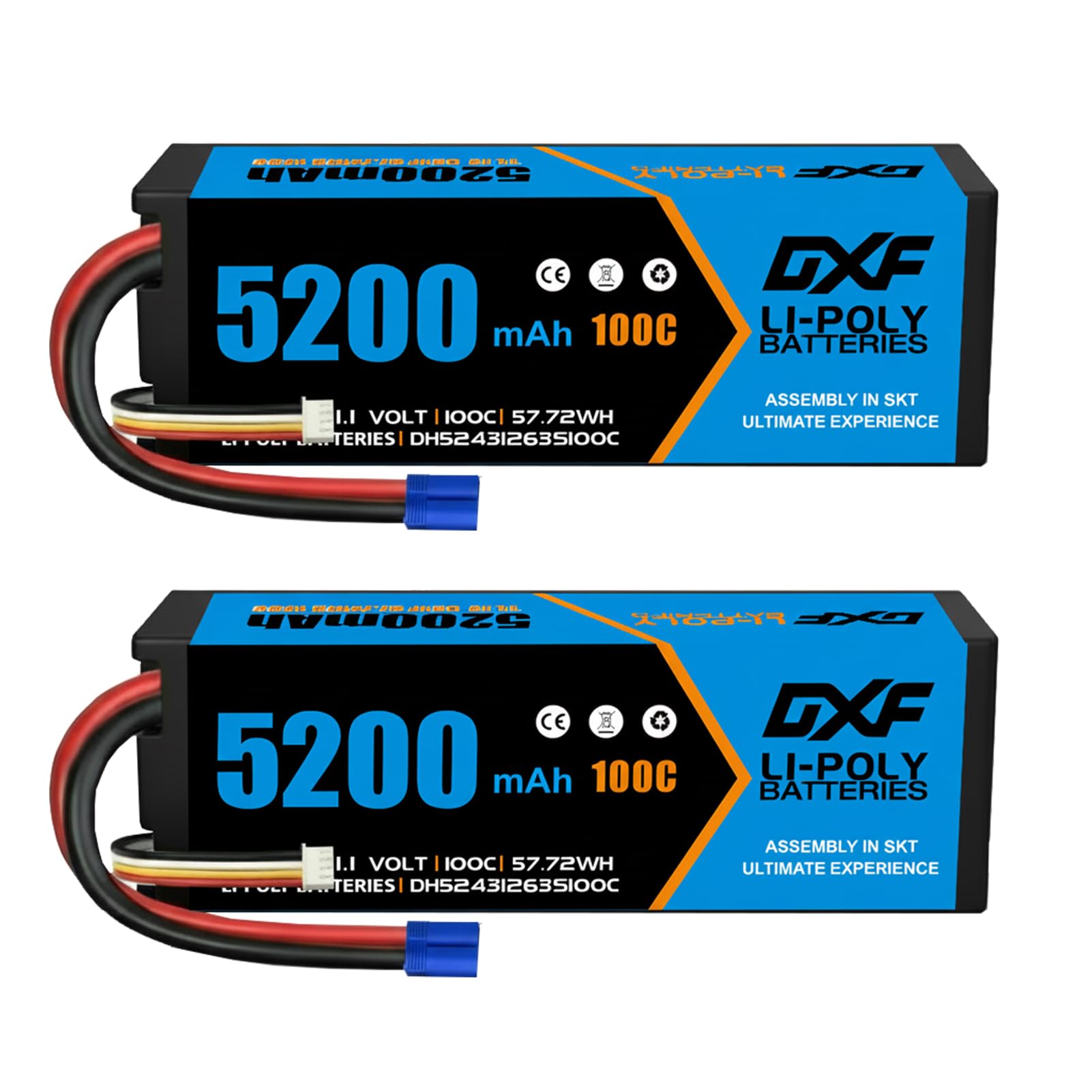 DXF Paquete de 2 baterías LiPo EC5 de 5200 mAh, 11,1 V, 100 C, enchufe EC5, grado A+, de baja resistencia, para coche, camión, buggy, oruga, helicóptero, barco, avión, escala 1/8 1/10