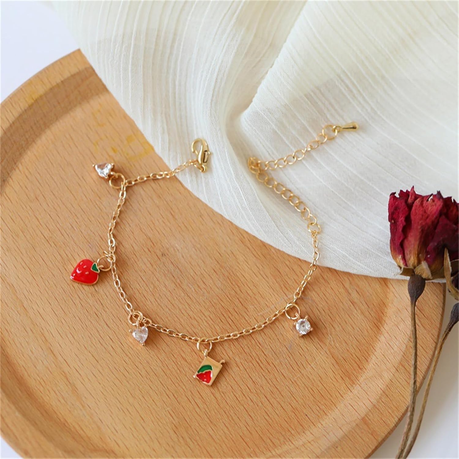 Dreuyet Strawberry Jewelry Set for Women - Cute Lifelike Red Strawberry Necklace, Earrings, Ring, Bracelet - Sweet Small Fresh Fruit Charm Jewelry - Image 6