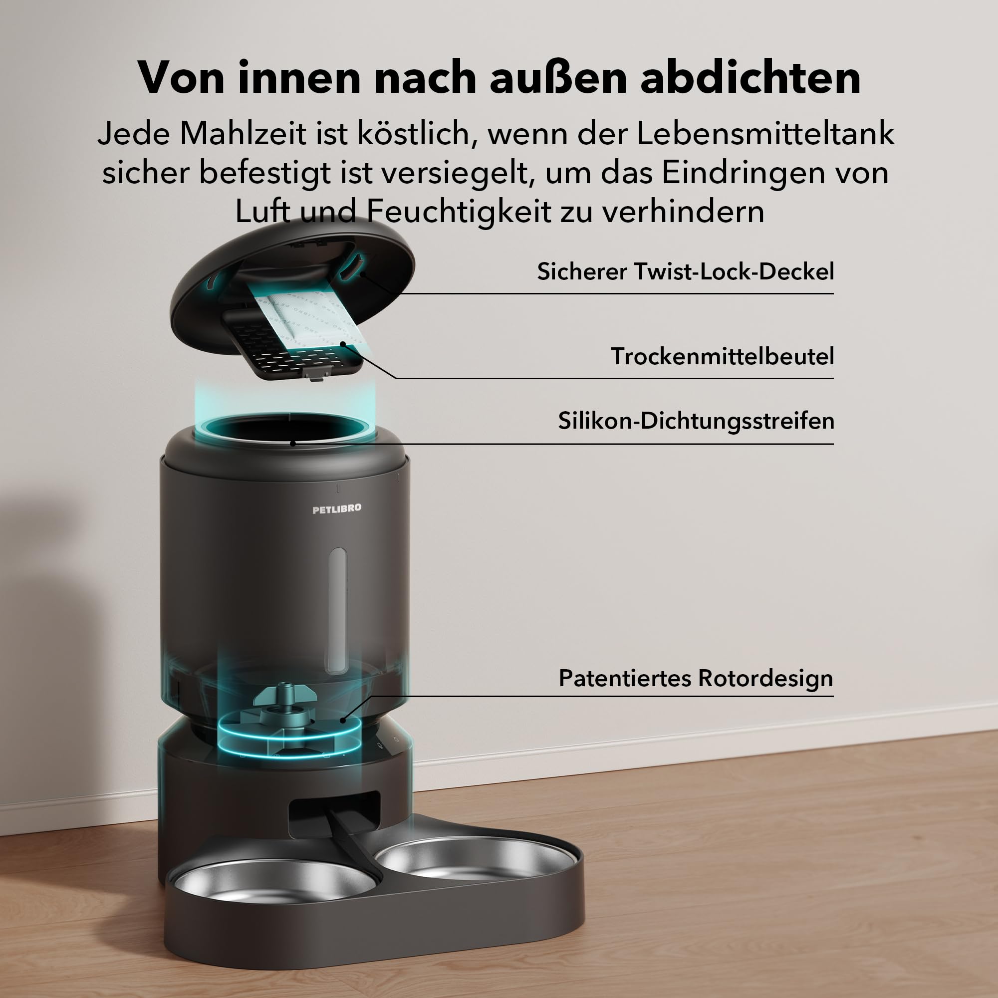 PETLIBRO 5G Wi-Fi Distributore Automatico Cibo Gatti, 5L Distributore Automatico Cibo Cani con 2 Ciotole in Acciaio Inox, 10 Pasti e Controllo del Timer, USB e Batterie, Voce bidirezionale, Nero