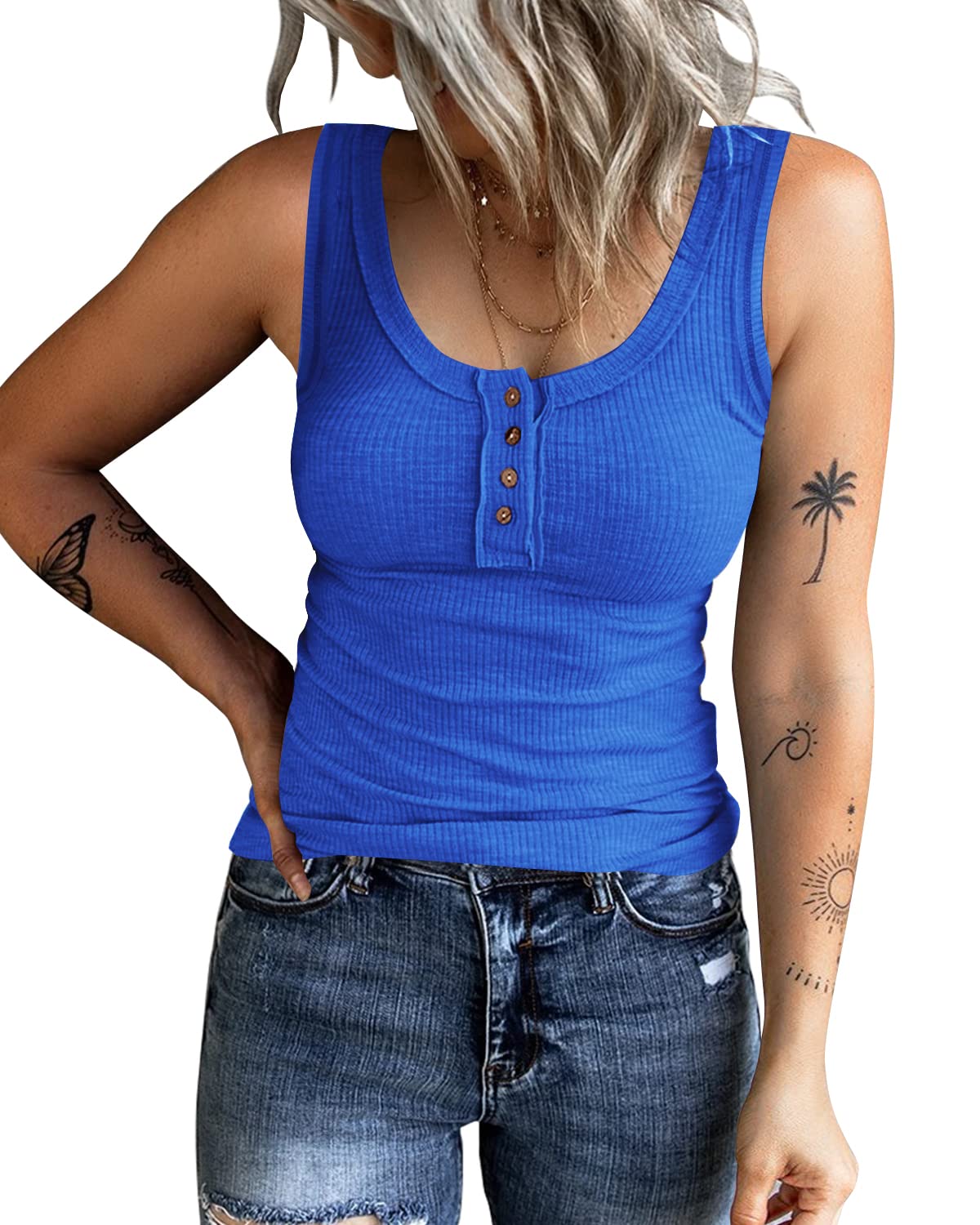 Women's Sleeveless Henley Tank Tops Ribbed V Neck Button Down T Shirts Summer Slim Fit Tee Tops