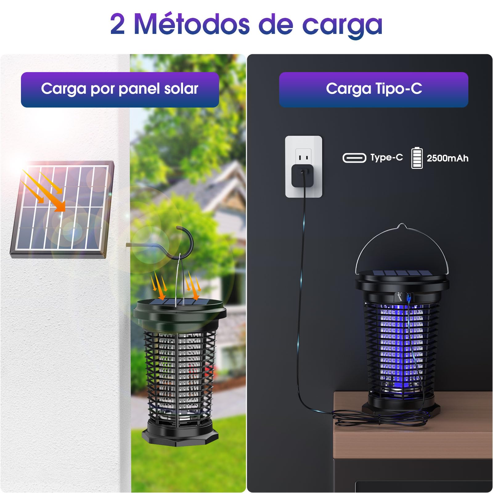 PALONE Lampara Antimosquitos Solar 2500mah/4500v, Antimosquitos Electrico Recargable por USB y Cable De 1 M, con Barra de Soporte Solar de 5,5 W/5 V Y Cable de Carga C para Interior y Exterior