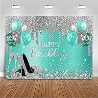 Vista 6 de Mocsicka Telón de fondo de cumpleaños morado y plateado, decoración de fiesta de cumpleaños, globos con purpurina, tacones altos, telón de fondo