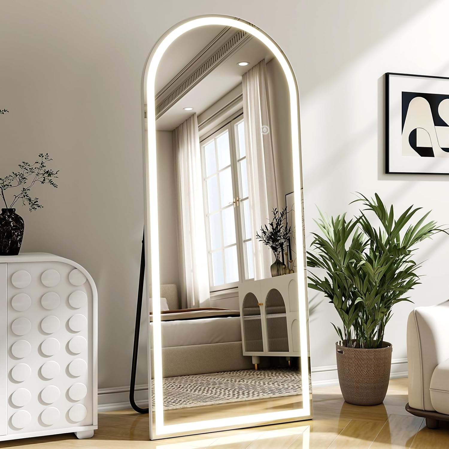LED Arched Full Length Mirror with Lights 65"x24" - Lighted Floor Mirror with Dimming & 3 Color Lighting, Aluminum Frame Standing Leaning or Hanging for Bedroom Cloakroom White