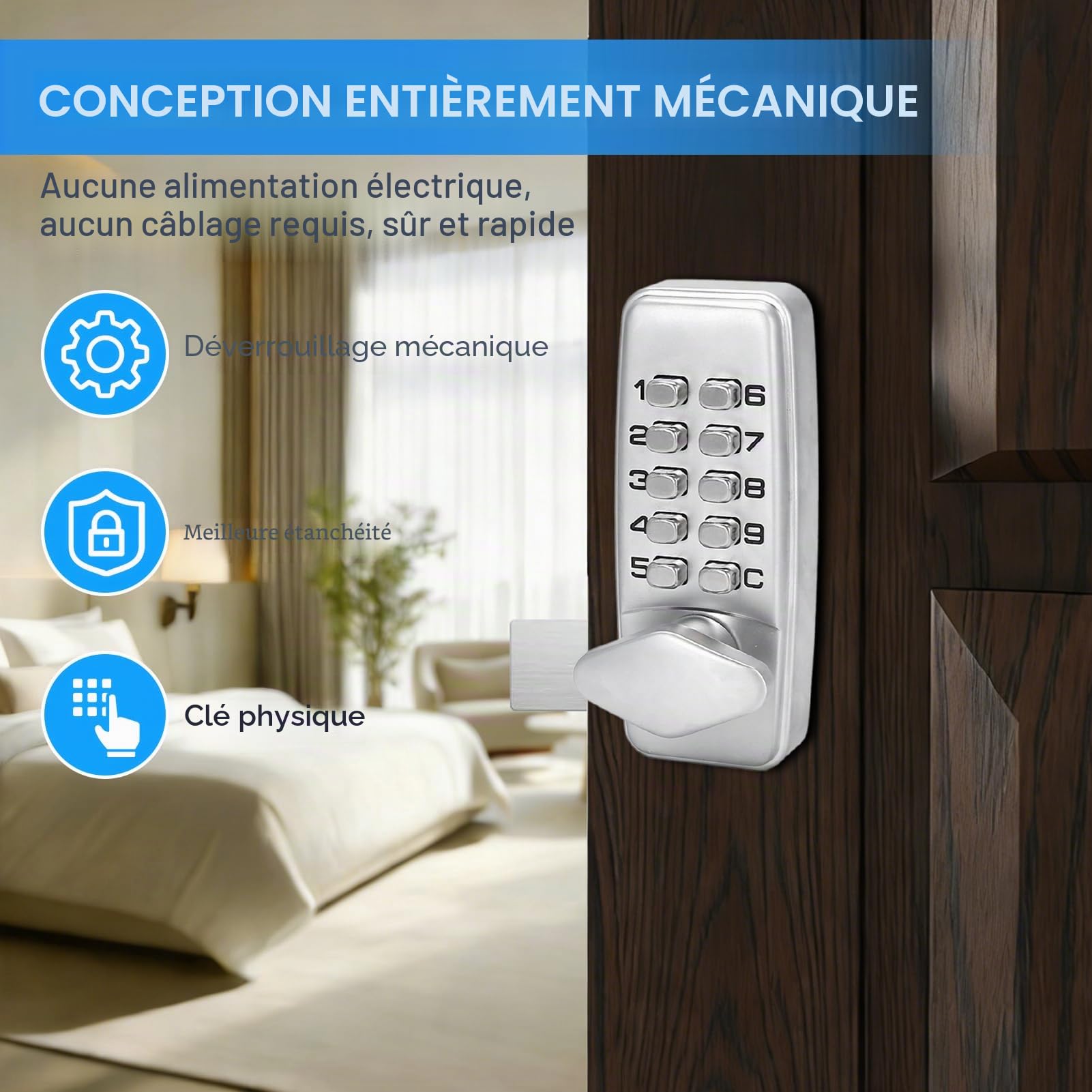 Verrouillage de porte de code d'accès mécanique, verrouillage de porte sans clé double face verrous à boulons morts numériques pour portes extérieures, serrure de porte d'entrée