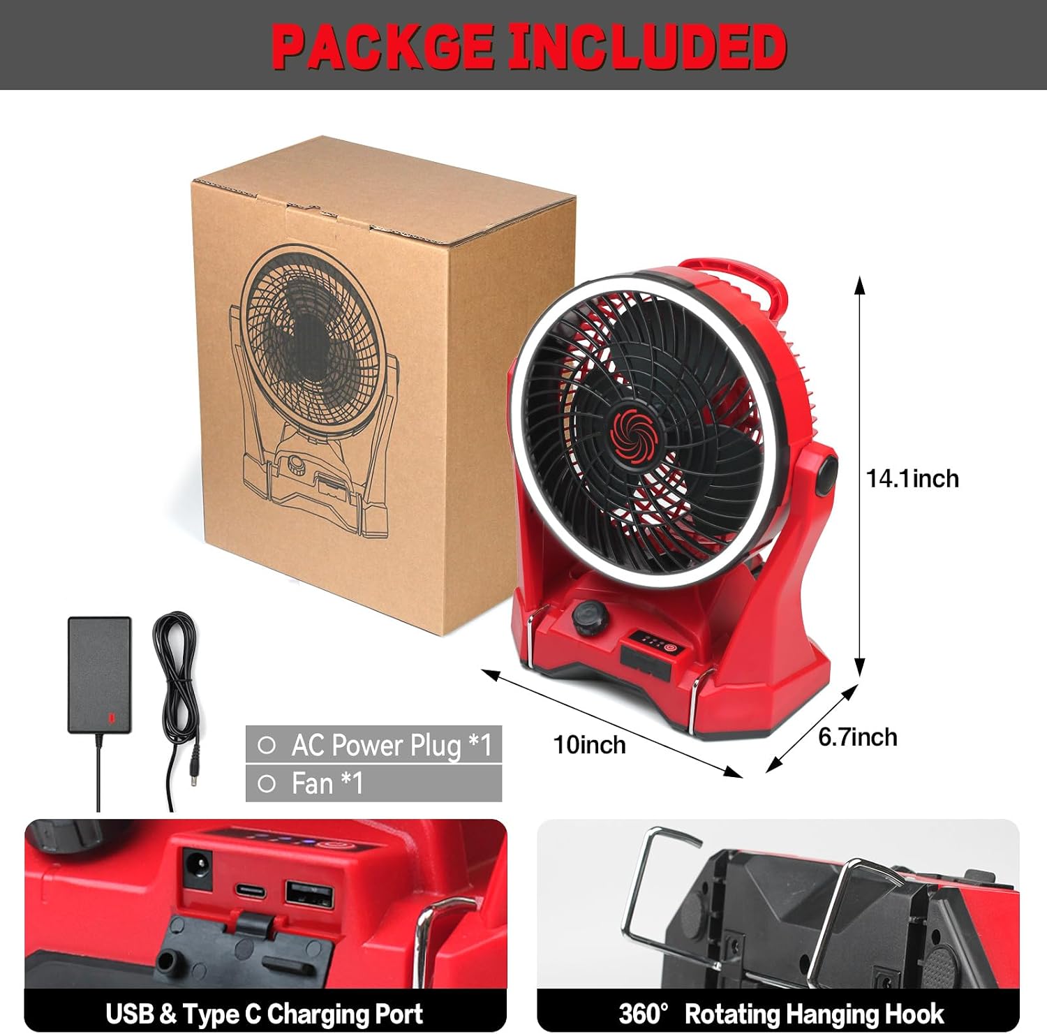 Battery Operated Fan for Milwaukee M18 Battery, Camping Fan Cordless with Bright LED Light & Hook for Hanging, Variable Speed Portable Cordless Fan for Tent Office Travel Picnic Jobsite(Tool Only)