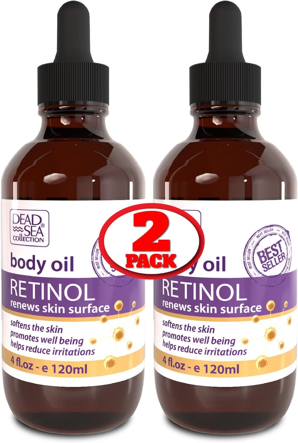 Dead Sea Collection Body Oil for Dry Skin - Retinol & Vitamin E, A Moisturizing Oil for Face, Anti-Aging - Skin Elasticity Support, Renews Skin Surface & Softens Pack of 2 (4 Fl. Oz Each)