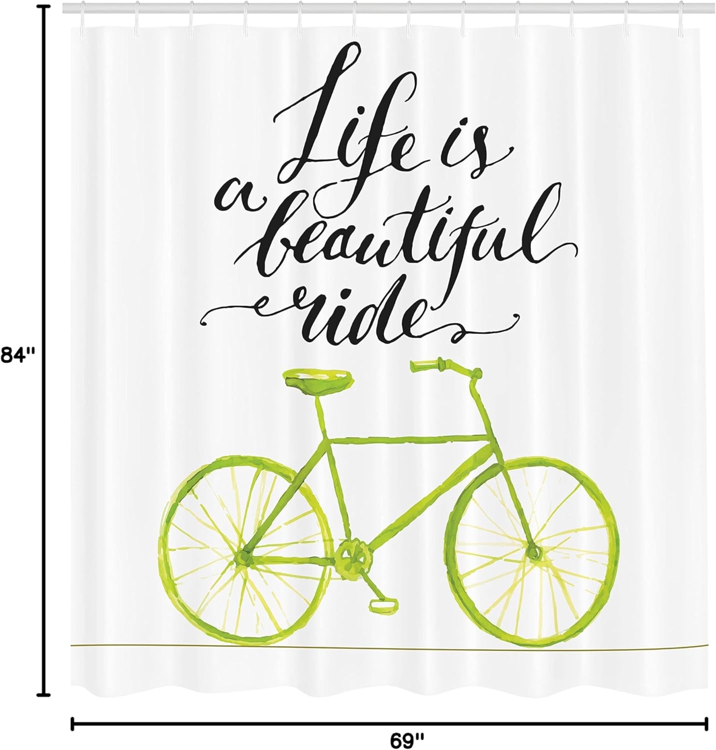 Ambesonne Bicycle Shower Curtain, Life is a Bike Ride Words Print Pastel Color Unique Ride Graphic, Cloth Fabric Bathroom Decor Set with Hooks, 69" W x 84" L, Green Black
