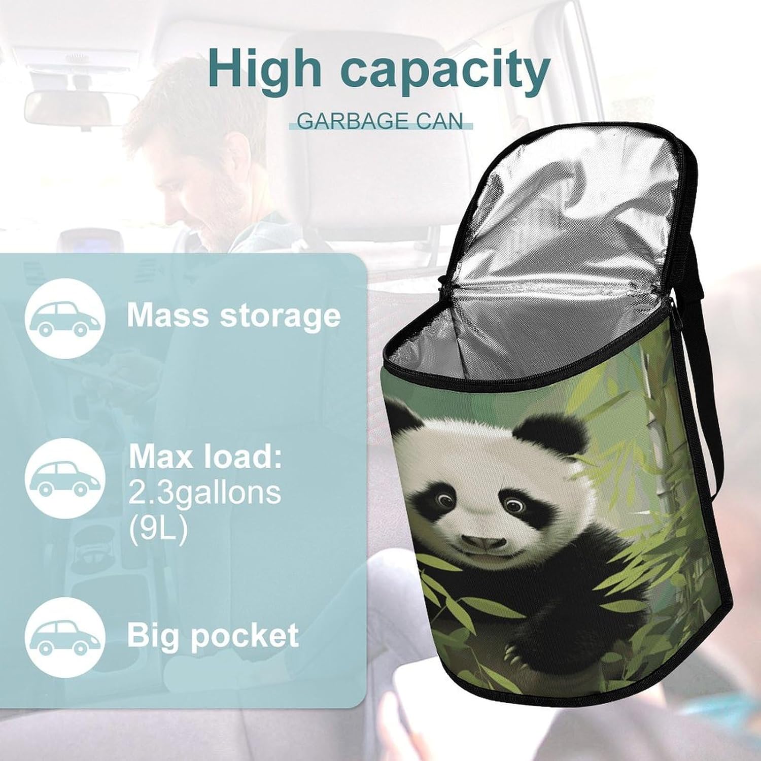 Hanging Car Trash Bag Curious Baby Panda Printed Car Garbage Storage Bag Leakproof Car Trash Can Portable Garbage Storage Bags