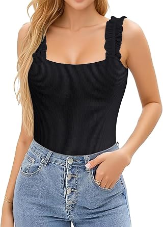 Basicspace Ruffle Strap Tank Tops for Women Summer Sleeveless Soft Slim Sexy Ribbed Knit Basic Tops