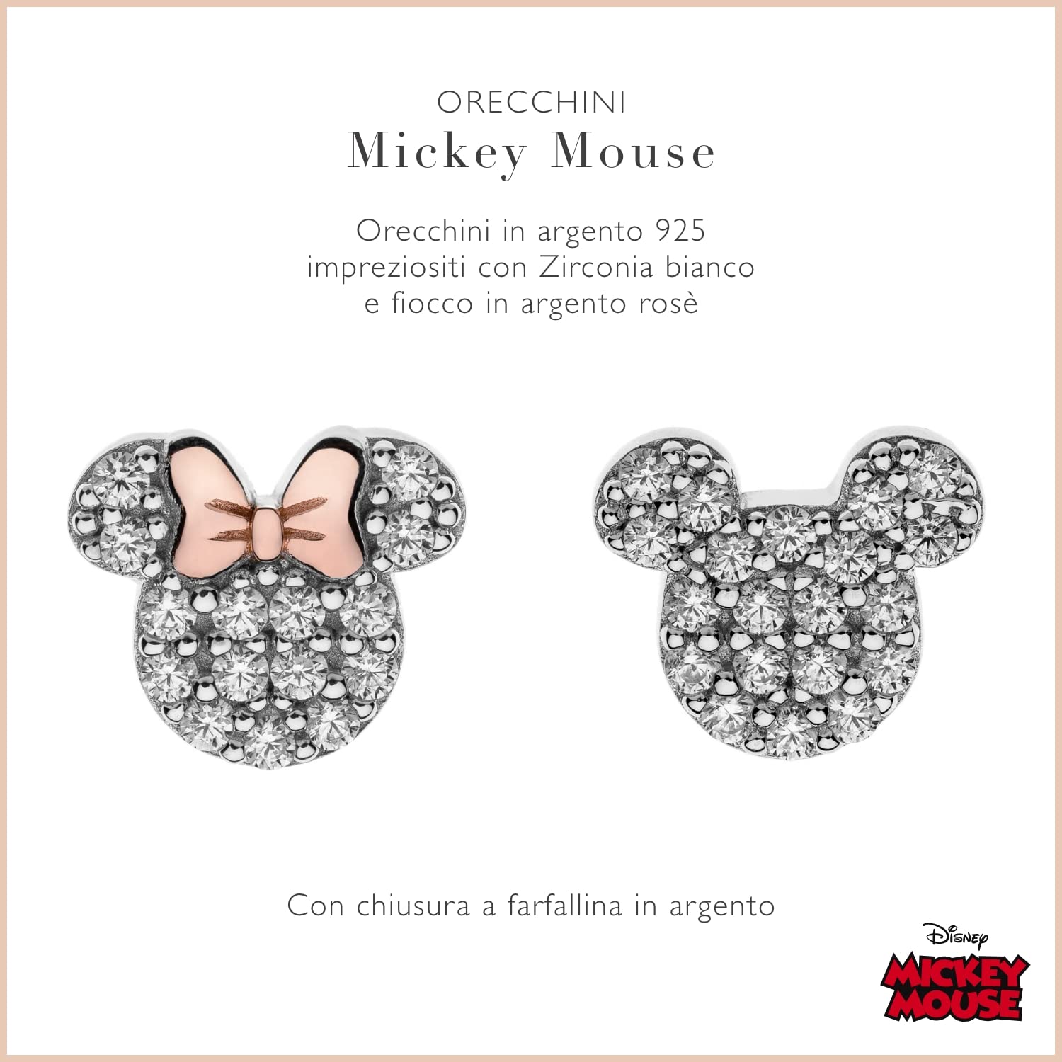 Orecchini Disney in Argento per Bambine con Minnie e Mickey Mouse, Rosa o Conchiglia, Impreziositi da Zirconia - Mickey Mouse Multicolor