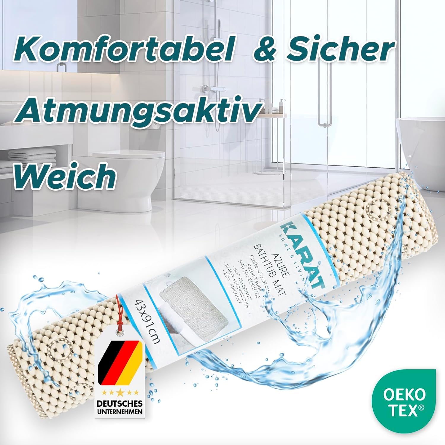 Tappetino Antiscivolo Vasca Da Bagno Azure | 43x91 Cm | Ventose | Taupe | Sicurezza Doccia