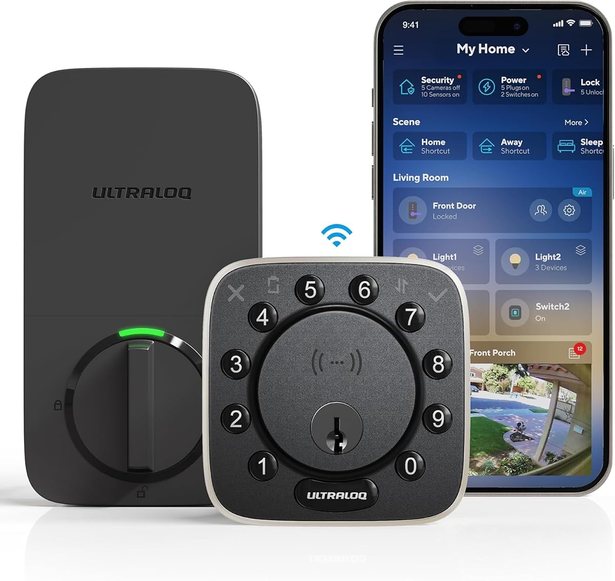 ULTRALOQ Cerradura de puerta inteligente NFC con perno de actualización, cerrojo WiFi incorporado, teclado 6 en 1, cerradura de puerta de entrada sin llave y sensor de puerta, desbloqueo automático, IP65 a prueba de agua, fácil instalación, grado BHMA AAA