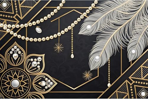 YongFoto 1920S 20S Roaring Great Backdrop 9x6ft Feather Pearl Art Deco Luxury Black Gold Photography Background Birthday Wedding Dance Prom Masquerade Mardi Gras Carnival Party Banner Photo Booth