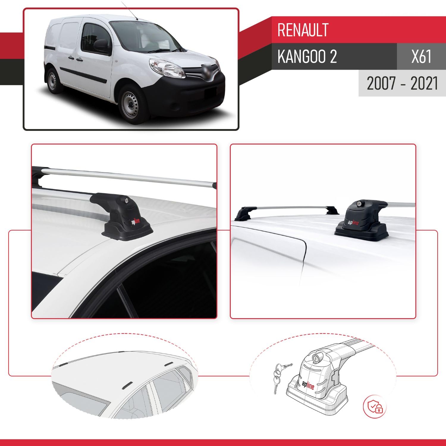 Compatible con Renault Kangoo 2 2007-2021 Ace-3 Barras de Techo Auto Portaequipajes Barras Transversales Gris Aluminio 2 Barras