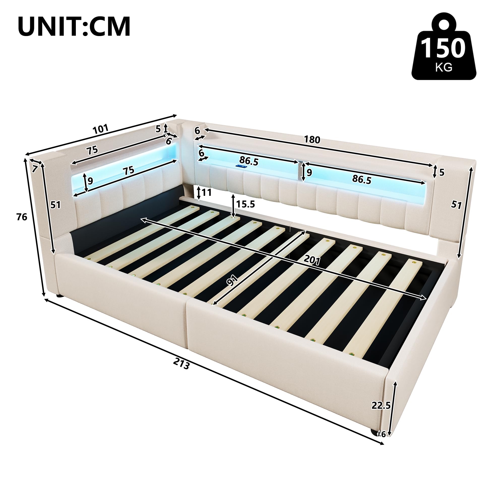 Moimhear Daybett, Hydraulische Lagerungt, Mit USB Typ-C Ladefunktion, Sofabett, Einzelbett, Ohne Matratze, Leinen, minimalistischer Stil (Beige, 90x200cm)
