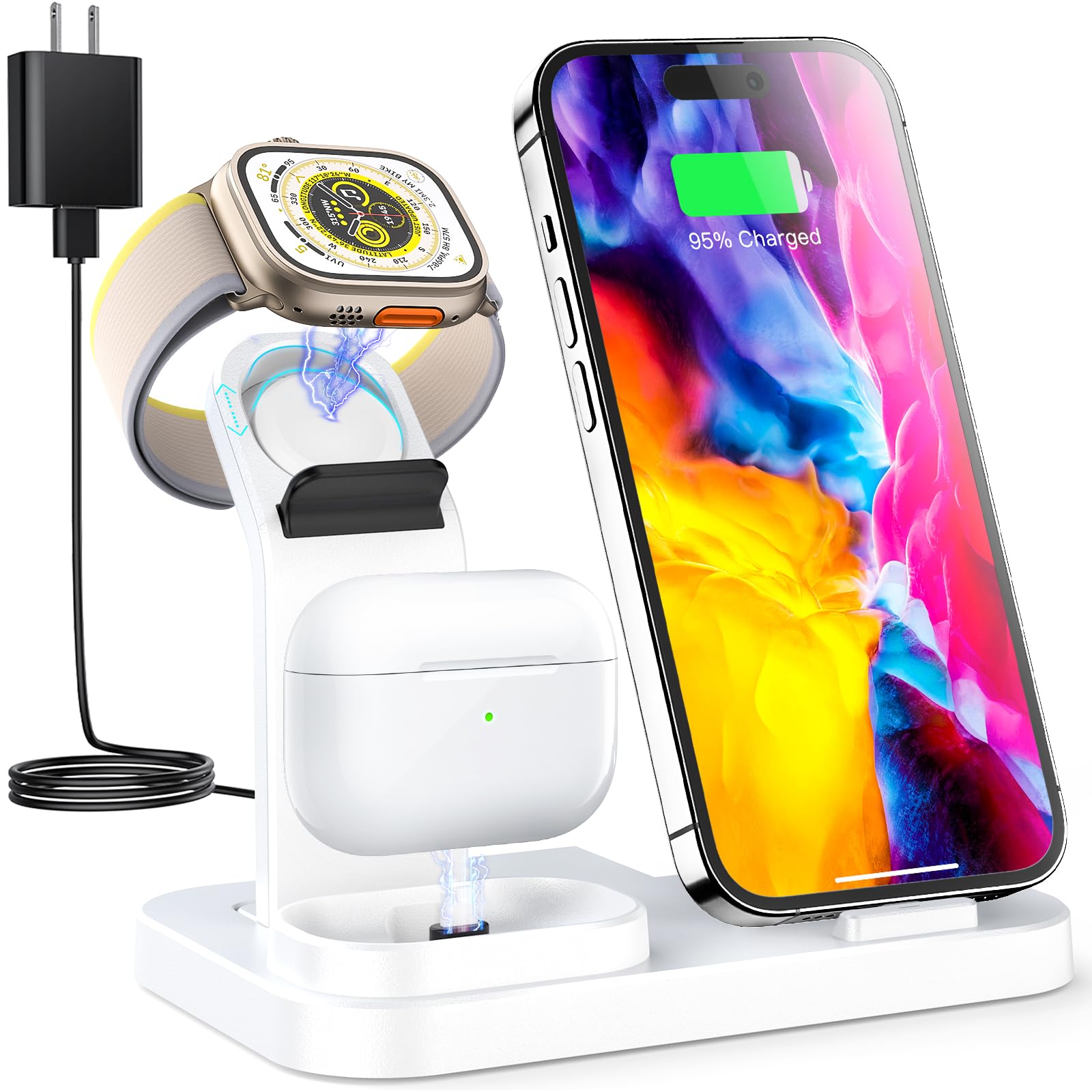 Photo 1 of Wireless Charging Station 3 in 1 RJR Compatible with Apple Devices, Charging Dock for iWatch, Built-in Wireless Charger Stand for iPhone Series AirPods Gifts (with 18W Adapter) White