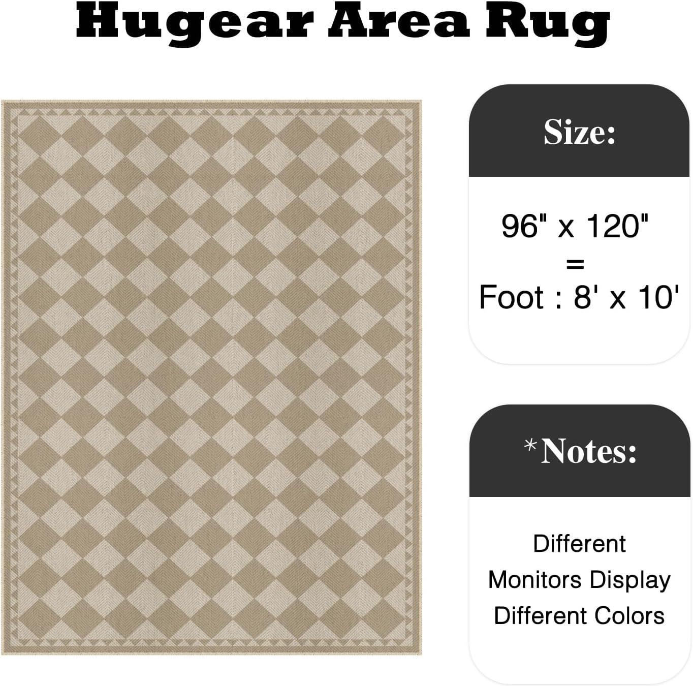 HUGEAR 8x10 Outdoor Rug Brown/Beige Linen-Look Fabric Checkered Area Rug High Traffic Stain Resistant Easy Clean Durable Rugs for Indoor/Outdoor Patio Deck Balcony Porch Garden Courtyard