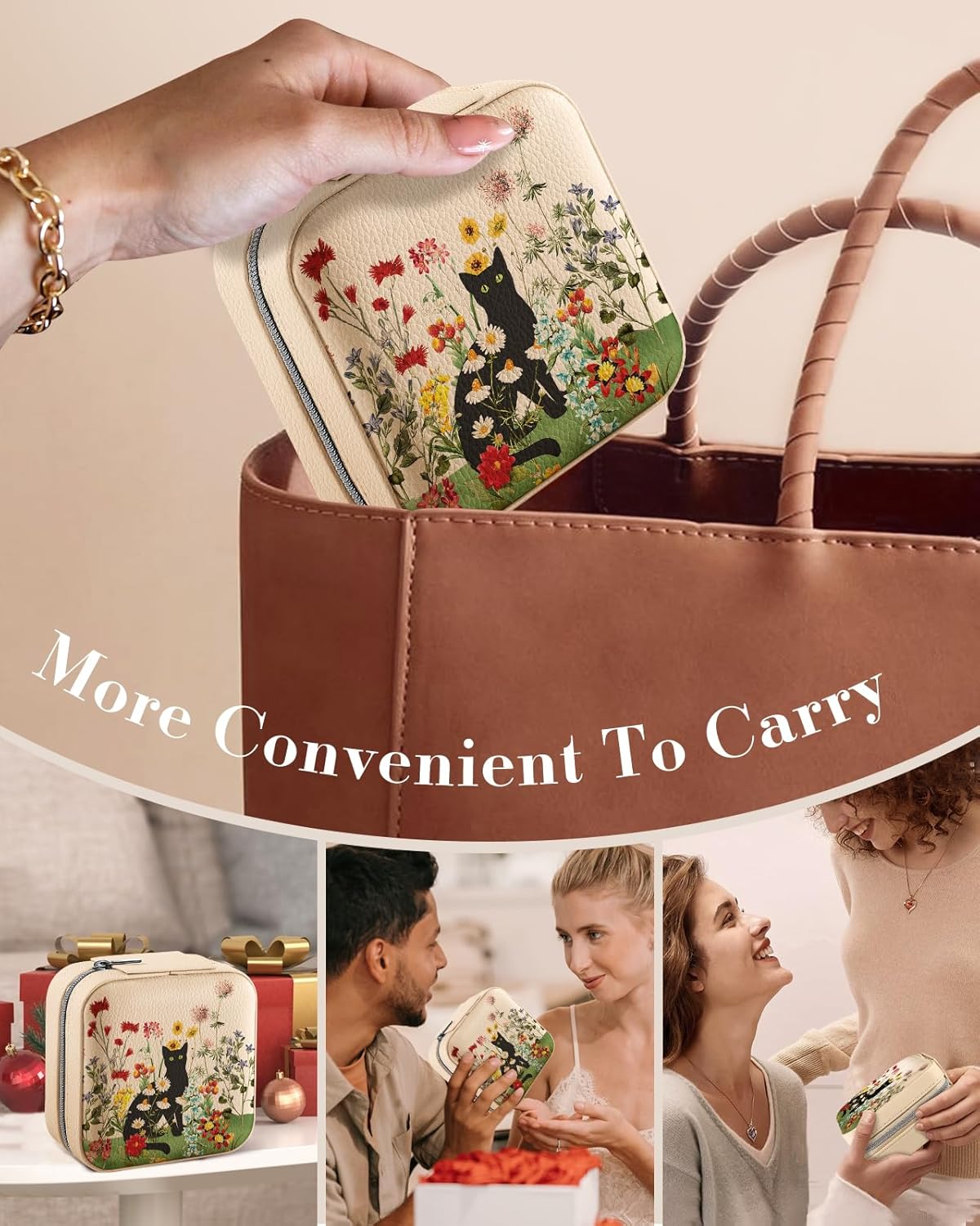 Bistup Travel Jewelry Case - Small Jewelry Organizers and Storage Box for Women Girls Teens Cute Traveling Jewelry Holder with Mirror Little Tiny Compact Modern Unique Aesthetic Pretty, Cat Flower - Image 6