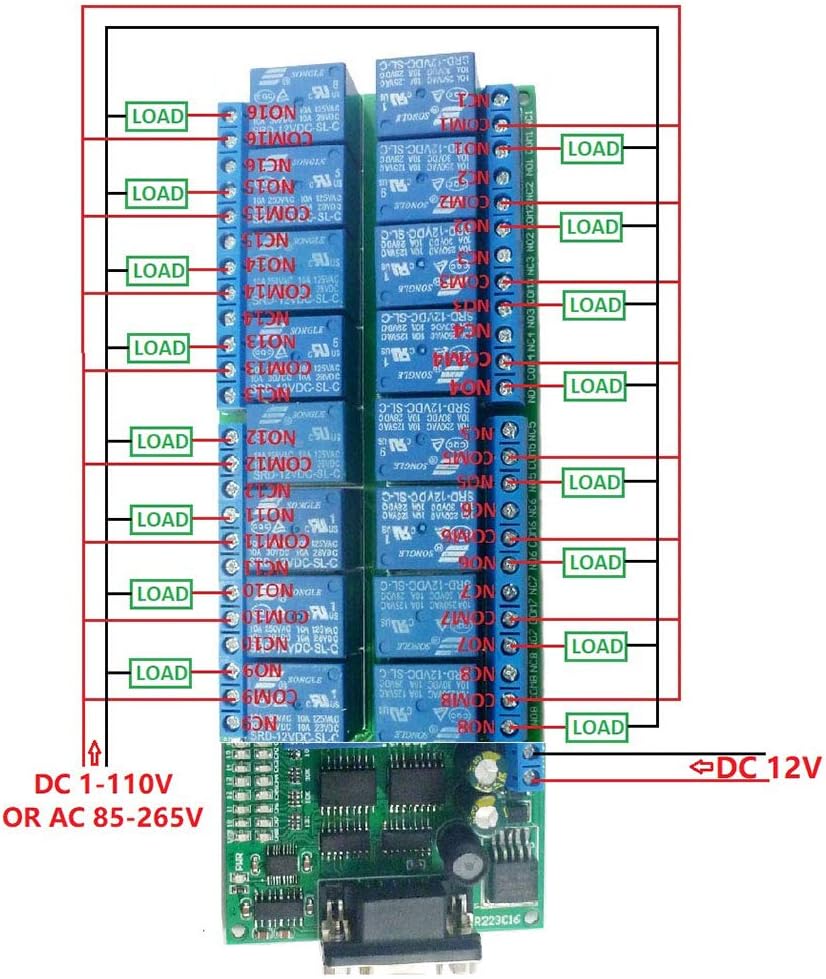 Taidacent 16 Channel Relay Board RS232 Relay Module DB9 Female Interface Serial Remote Control Switch R223C16 Intelligent 12 volt 9999S Delay Relay for Smart Home Application