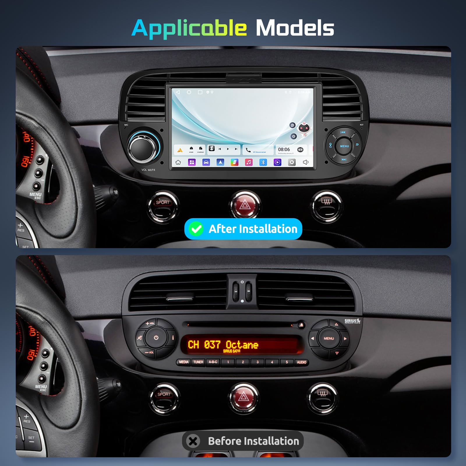 Hodozzy 2G+64G Autoradio für FIAT 500 2007-2015 Wireless Carplay Android Auto, Radio 2 Din 7 Zoll Touchscreen mit Bildschirmo GPS Navi Bluetooth WiFi, FM/RDS Canbus USB Bunte Lichter Rückfahrkamera