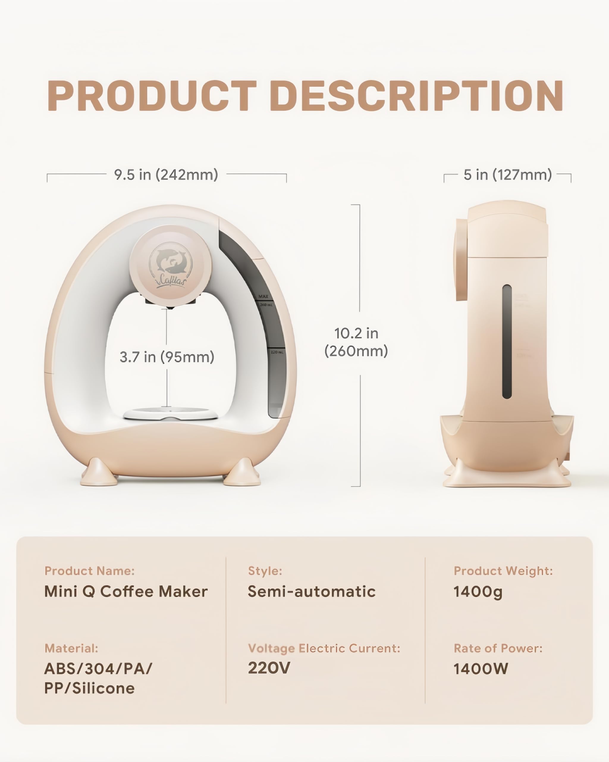i Cafilas Mini Machine à Café Électrique, Cafetière 2-en-1 pour Café Moulu et Thé, Chauffage Rapide 20 s, Café Prêt en 2 min, Compacte pour Petit Espace, Champagne